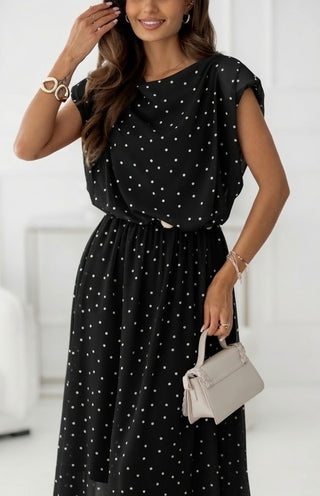 LARGE SIZE MIDI DRESS WITH CUSHION, BLACK WITH WHITE POLKA DOTS