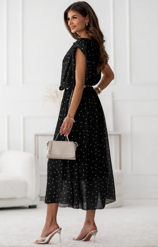 LARGE SIZE MIDI DRESS WITH CUSHION, BLACK WITH WHITE POLKA DOTS