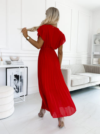 FEATHER PLEAT MAXI WRAP DRESS PLAIN RED