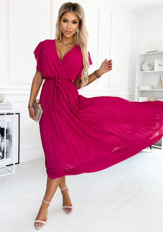 FEATHER PLEAT MAXI WRAP DRESS PLAIN FUCHSIA