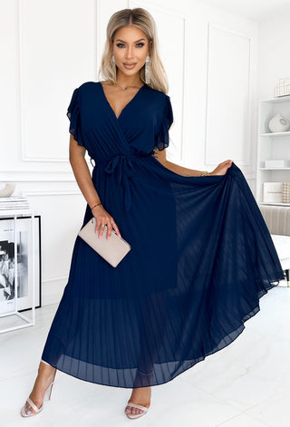 FEATHER PLEAT MAXI WRAP DRESS PLAIN NAVY BLUE