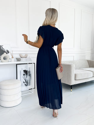 FEATHER PLEAT MAXI WRAP DRESS PLAIN NAVY BLUE