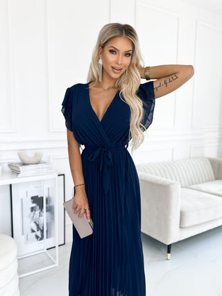FEATHER PLEAT MAXI WRAP DRESS PLAIN NAVY BLUE