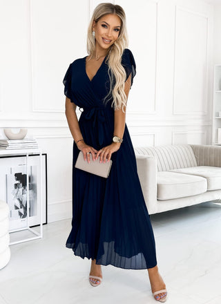 FEATHER PLEAT MAXI WRAP DRESS PLAIN NAVY BLUE