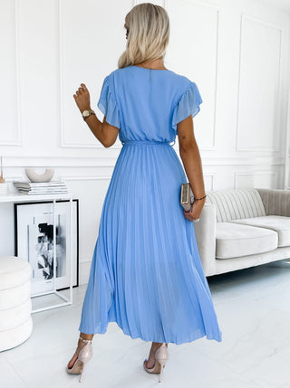 FEATHER PLEAT MAXI WRAP DRESS PLAIN BLUE